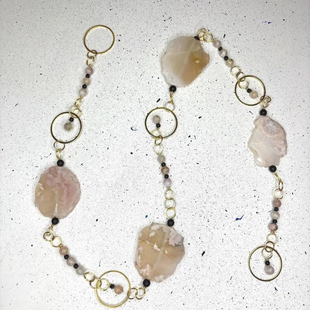 Flower Agate Black Onyx Hanging Polished Agate Slice & Beads Growth Creativity